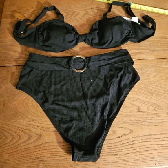 NEW CUPSHE Black Bikini Set High-Waisted Belted Knotted Sweetheart Top – Size XL - Picture 2 of 7